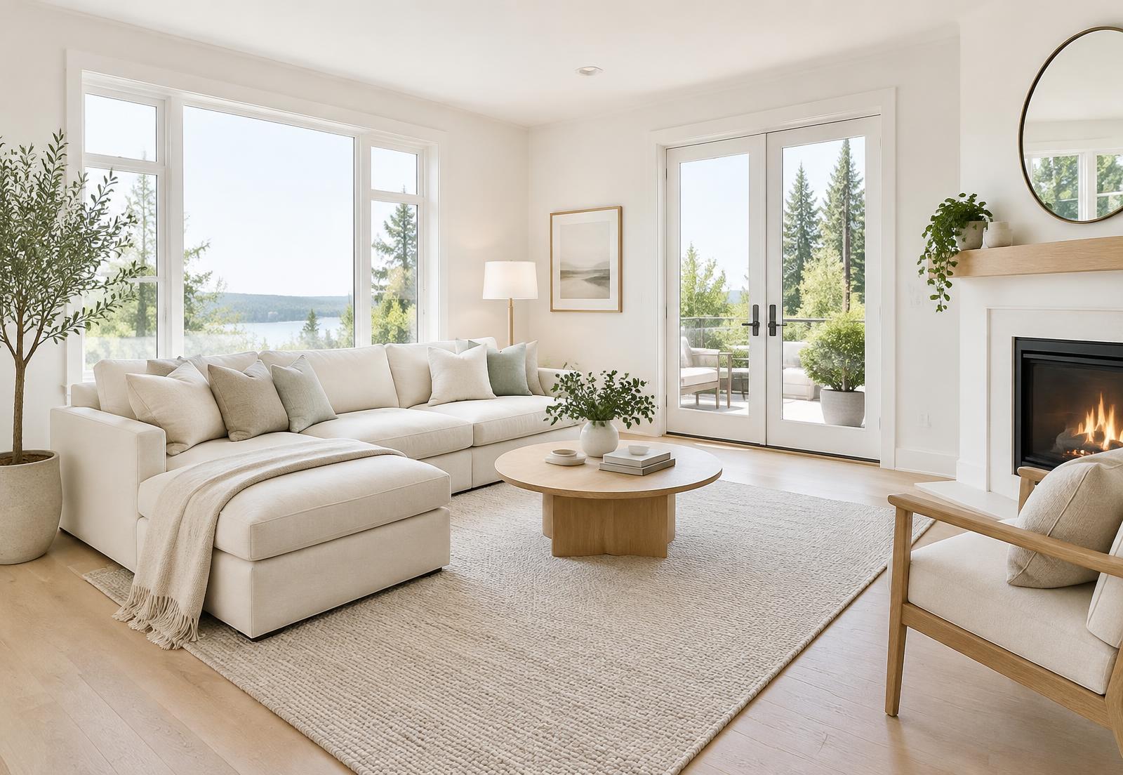 Bright, tidy living room interior representing residential cleaning services
